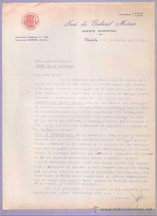 Cartas comerciales: CARTA COMERCIAL. JOSE DE GABRIEL MU&Ntilde;OZ. AGENTE COMERCIAL.  A.R. VALDESPINO. JEREZ. CORDOBA, DIC.1958