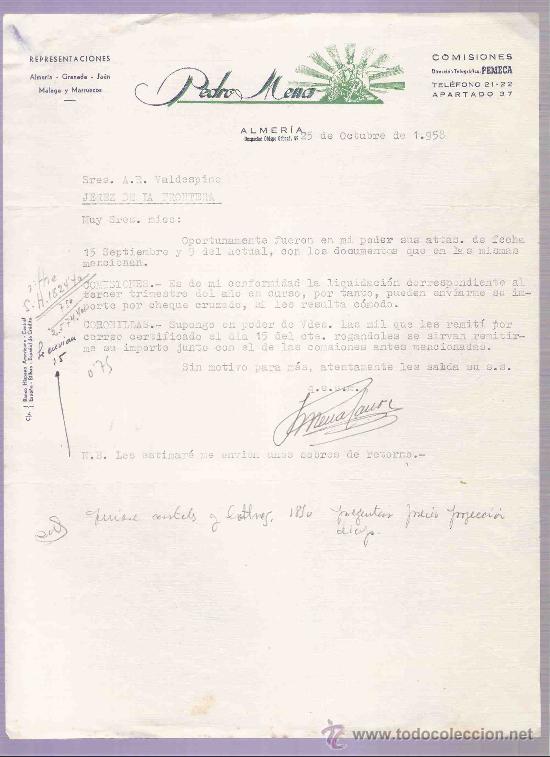 Cartas comerciales: CARTA COMERCIAL. PEDRO MENA.  A.R. VALDESPINO. JEREZ. ALMERIA, 1958, OCTUBRE.