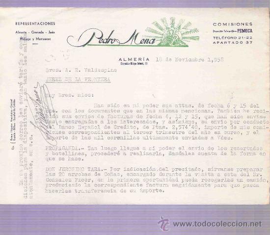 Cartas comerciales: CARTA COMERCIAL. PEDRO MENA.  A.R. VALDESPINO. JEREZ. ALMERIA, 1958, NOVIEMBRE.