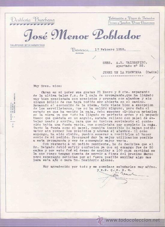 Cartas comerciales: CARTA COMERCIAL. JOSE MENOR POBLADOR. DESTILERIA BUREBANA. VALDESPINO, JEREZ. BURGOS, FEBRERO 1958.