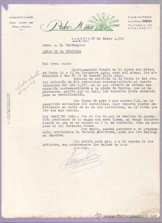 Cartas comerciales: CARTA COMERCIAL. PEDRO MENA.  A.R. VALDESPINO. JEREZ. ALMERIA, 1958, ENERO.