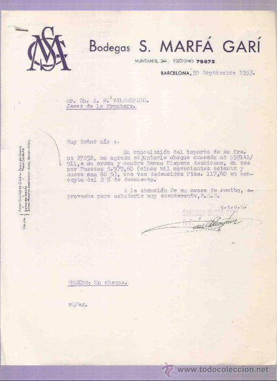 Cartas comerciales: CARTA COMERCIAL. BODEGAS S. MARFA GARI.  A.R. VALDESPINO. JEREZ. BARCELONA, SEPTIEMBRE 1953.