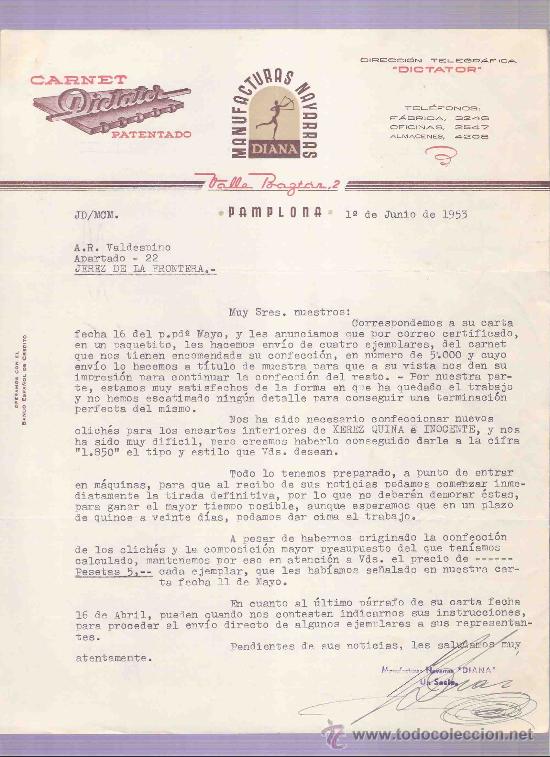 Cartas comerciales: CARTA COMERCIAL. MANUFACTURAS NAVARRAS. DIANA.  A.R. VALDESPINO. JEREZ. PAMPLONA, 1953, JUNIO.