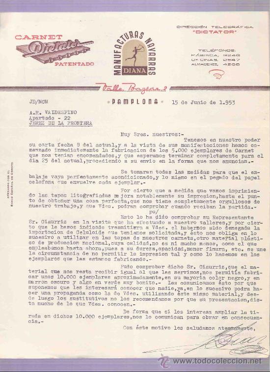 Cartas comerciales: CARTA COMERCIAL. MANUFACTURAS NAVARRAS. DIANA.  A.R. VALDESPINO. JEREZ. PAMPLONA, 1953, JUNIO.