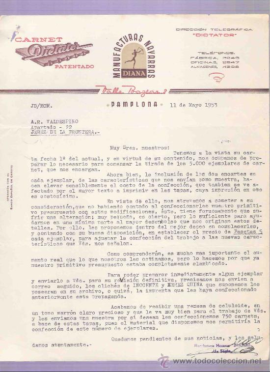 Cartas comerciales: CARTA COMERCIAL. MANUFACTURAS NAVARRAS. DIANA.  A.R. VALDESPINO. JEREZ. PAMPLONA, 1953, MAYO.
