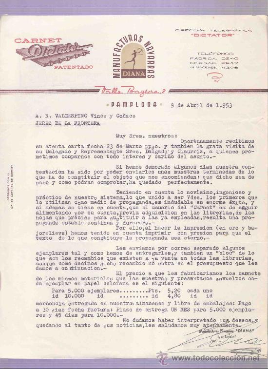 Cartas comerciales: CARTA COMERCIAL. MANUFACTURAS NAVARRAS. DIANA.  A.R. VALDESPINO. JEREZ. PAMPLONA, 1953, ABRIL.