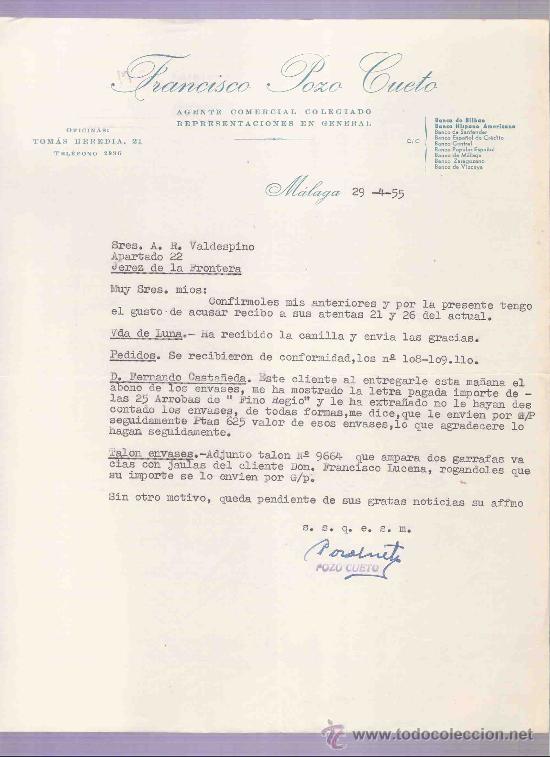 Cartas comerciales: CARTA COMERCIAL. FRANCISCO POZO CUETO. AGENTE COMERCIAL. A.R. VALDESPINO. JEREZ. MALAGA, 1955, ABRIL