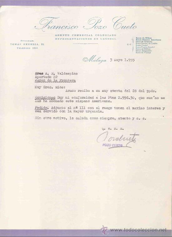 Cartas comerciales: CARTA COMERCIAL. FRANCISCO POZO CUETO. AGENTE COMERCIAL. A.R. VALDESPINO. JEREZ. MALAGA, 1955, MAYO.