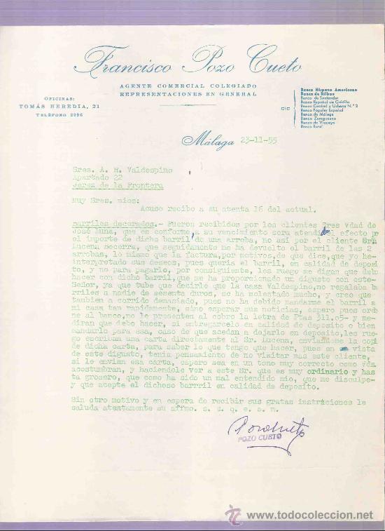 Cartas comerciales: CARTA COMERCIAL. FRANCISCO POZO CUETO. AGENTE COMERCIAL. A.R. VALDESPINO. JEREZ. MALAGA, 1955, NOVI.