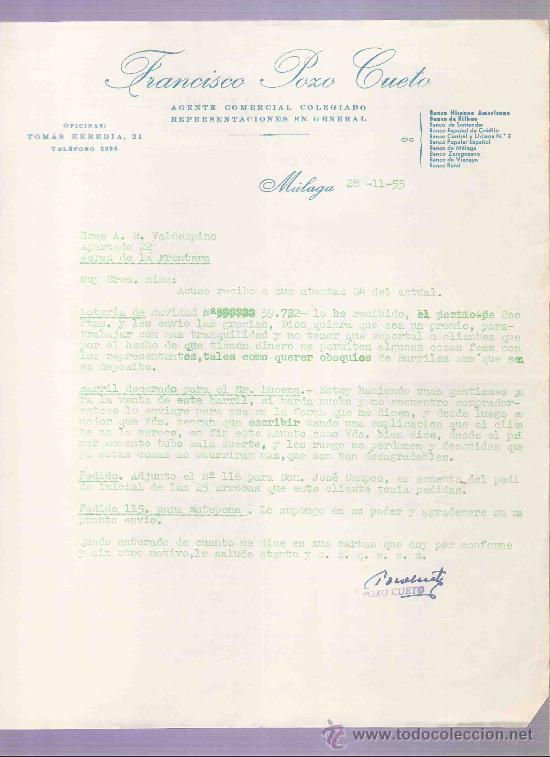Cartas comerciales: CARTA COMERCIAL. FRANCISCO POZO CUETO. AGENTE COMERCIAL. A.R. VALDESPINO. JEREZ. MALAGA, 1955, NOVI.