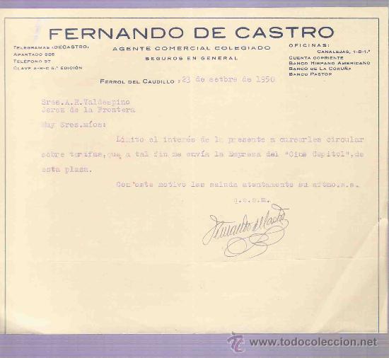 Cartas comerciales: CARTA COMERCIAL. FERNANDO DE CASTRO. AGENTE COMERCIAL. A.R. VALDESPINO. JEREZ. FERROL, SEPT. 1950.