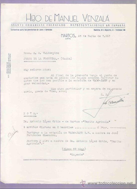 Cartas comerciales: CARTA COMERCIAL. HIJO DE MANUEL VENZALA. AGENTE COMERCIAL. A.R. VALDESPINO. JEREZ. MARTOS,MARZO,1951
