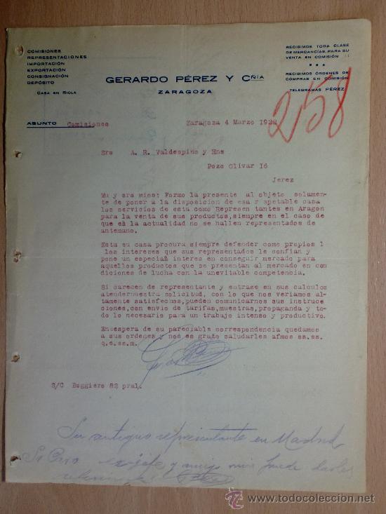 Cartas comerciais: CARTA COMERCIAL. ZARAGOZA 1922. GERARDO PEREZ Y CIA. COMISIONES, REPRESENTACIONES.