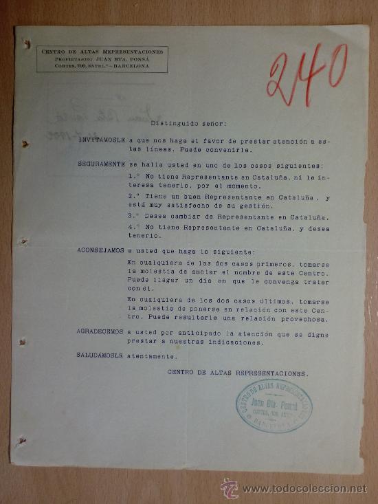 Cartas comerciais: CARTA COMERCIAL. CIRCULAR. BARCELONA 1922. CENTRO DE ALTAS REPRESENTACIONES JUAN BTA PONSA.
