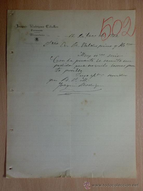 Cartas comerciais: CARTA COMERCIAL. MONESTERIO 1922. JOAQUIN RODRIGUEZ CEBALLOS. COMISIONISTA.