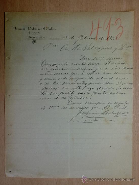 Cartas comerciais: CARTA COMERCIAL. MONESTERIO 1922. JOAQUIN RODRIGUEZ CEBALLOS. COMISIONISTA.
