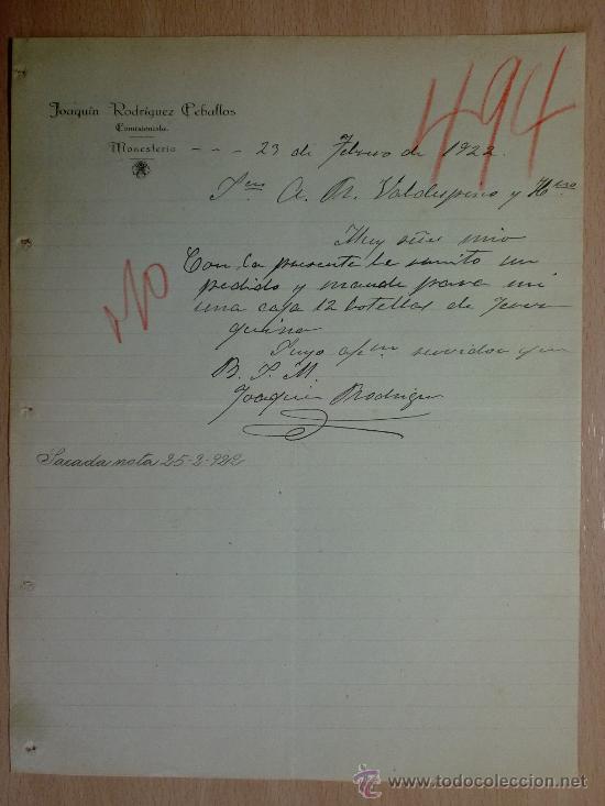 Cartas comerciais: CARTA COMERCIAL. MONESTERIO 1922. JOAQUIN RODRIGUEZ CEBALLOS. COMISIONISTA.