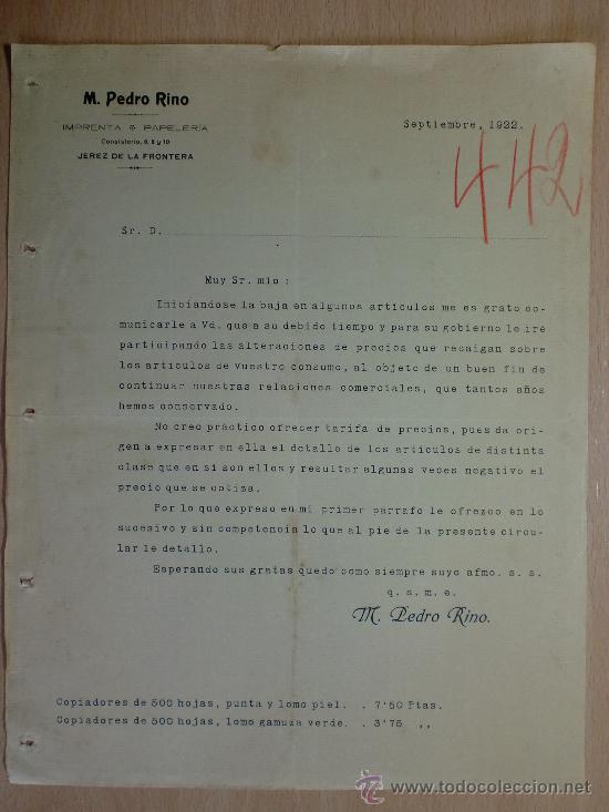 Cartas comerciais: CARTA COMERCIAL. CIRCULAR. JEREZ DE LA FRONTERA 1922. M. PEDRO RINO. IMPRENTA PAPELERIA.