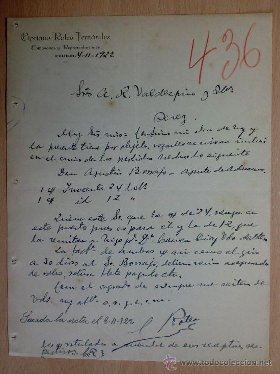 Cartas comerciais: CARTA COMERCIAL. FERROL 1922. CIPRIANO ROTEA FERNANDEZ. COMISIONES Y REPRESENTACIONES.