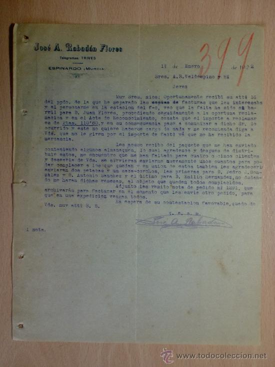 Cartas comerciais: CARTA COMERCIAL. ESPINARDO, MURCIA 1922. JOSE A. RABADAN FLORES. A VALDESPINO.