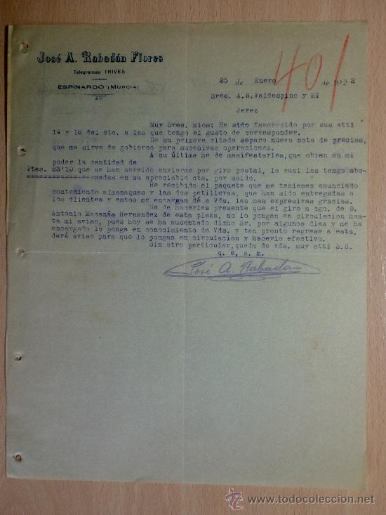 Cartas comerciais: CARTA COMERCIAL. ESPINARDO, MURCIA 1922. JOSE A. RABADAN FLORES. A VALDESPINO.