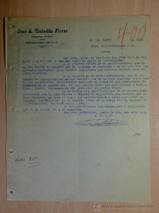 Cartas comerciais: CARTA COMERCIAL. ESPINARDO, MURCIA 1922. JOSE A. RABADAN FLORES. A VALDESPINO.