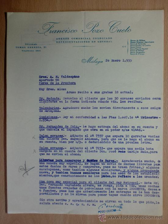 Cartas comerciais: CARTA COMERCIAL. MALAGA 1955. FRANCISCO POZO CUETO. AGENTE COMERCIAL COLEGIADO.