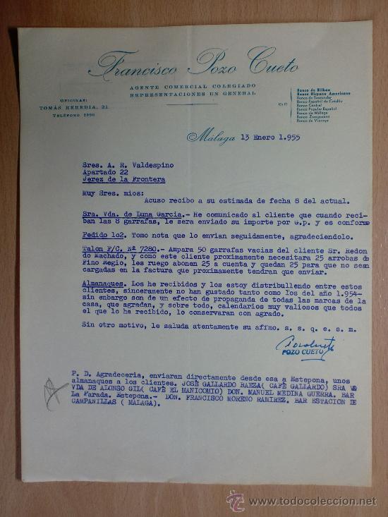 Cartas comerciais: CARTA COMERCIAL. MALAGA 1955. FRANCISCO POZO CUETO. AGENTE COMERCIAL COLEGIADO.