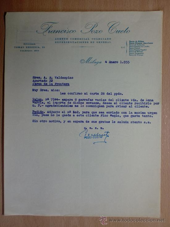 Cartas comerciais: CARTA COMERCIAL. MALAGA 1955. FRANCISCO POZO CUETO. AGENTE COMERCIAL COLEGIADO.