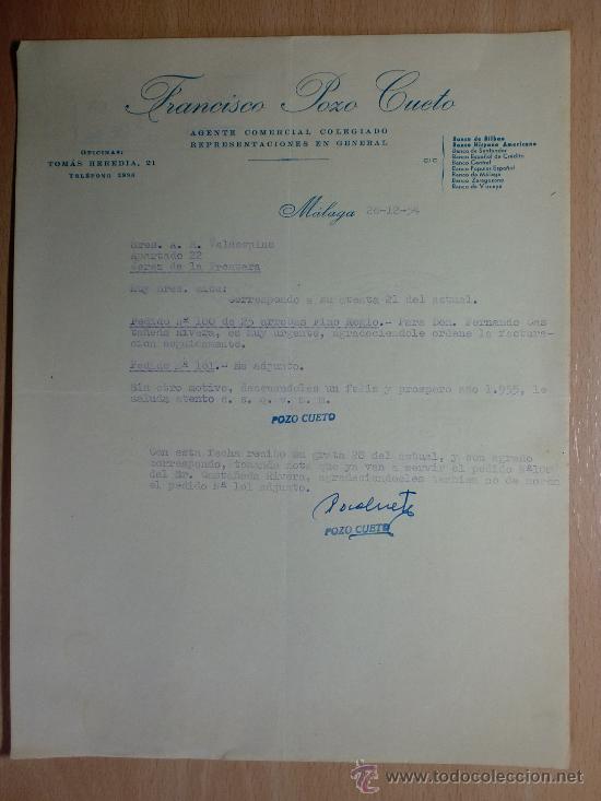 Cartas comerciais: CARTA COMERCIAL. MALAGA 1954. FRANCISCO POZO CUETO. AGENTE COMERCIAL COLEGIADO.