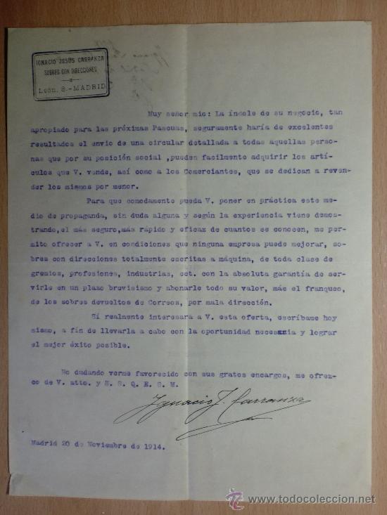 Cartas comerciais: CARTA COMERCIAL. MADRID 1914. IGNACIO JESUS CARRANZA. SOBRES CON DIRECCIONES.