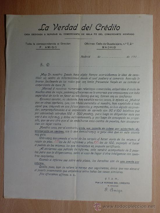 Cartas comerciais: CARTA COMERCIAL. CIRCULAR. MADRID 1910. LA VERDAD DEL CREDITO.