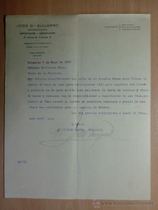 Cartas comerciais: CARTA COMERCIAL. VALENCIA 1917. JOSE G. GUIJARRO. IMPORTACION EXPORTACION.