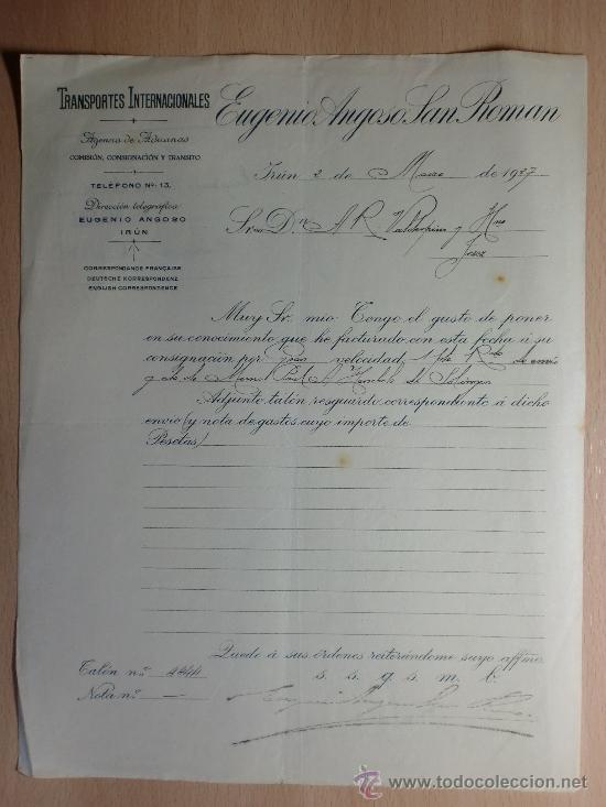 Cartas comerciais: CARTA COMERCIAL. IRUN 1927. EUGENIA ANGOSO SAN ROMAN. TRANSPORTES INTERNACIONALES.