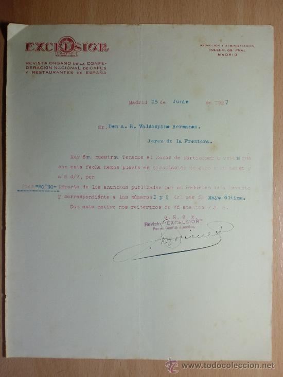 Cartas comerciais: CARTA COMERCIAL. MADRID 1927. EXCELSIOR. REVISTA DE CAFES Y RESTAURANTES DE ESPA&Ntilde;A.