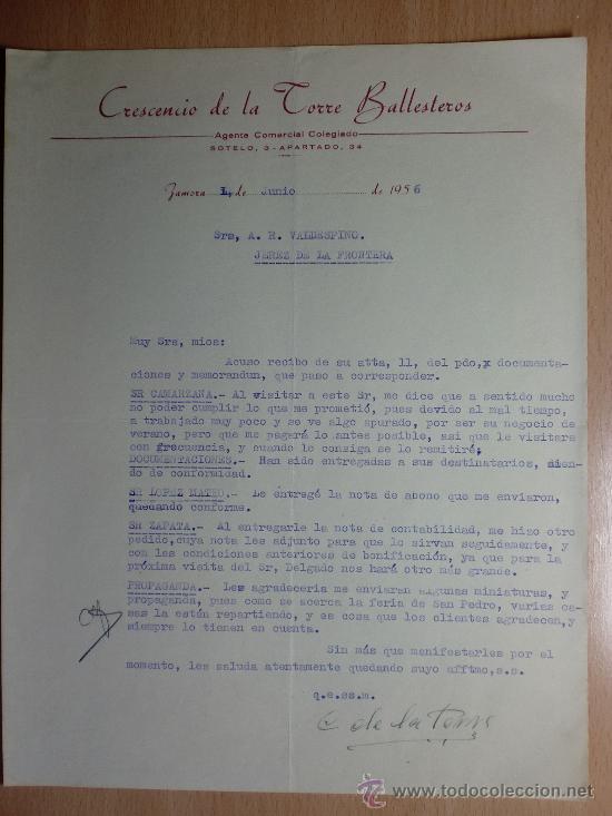 Cartas comerciais: CARTA COMERCIAL. ZAMORA 1956. CRESCENCIO DE LA TORRE BALLESTEROS. AGENTE COMERCIAL.