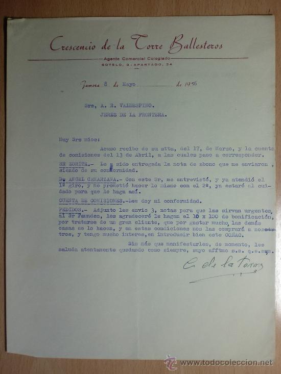 Cartas comerciais: CARTA COMERCIAL. ZAMORA 1956. CRESCENCIO DE LA TORRE BALLESTEROS. AGENTE COMERCIAL.