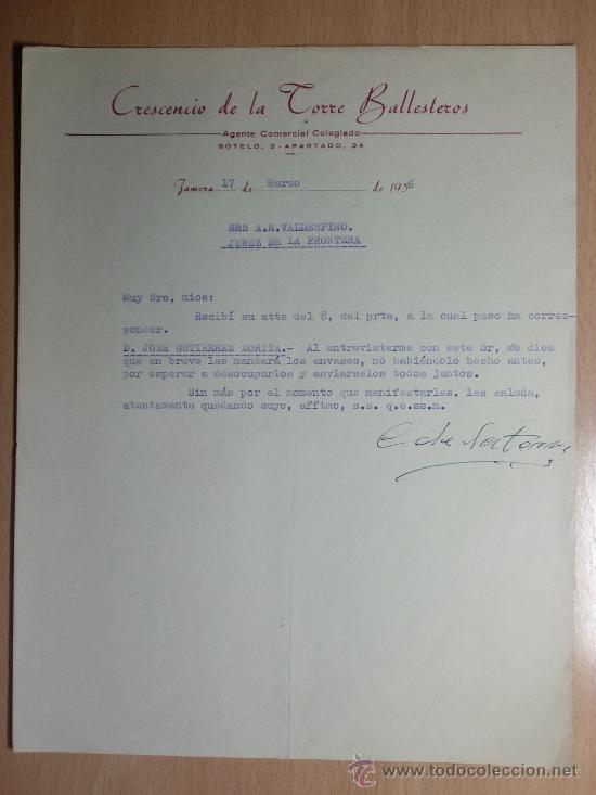 Cartas comerciais: CARTA COMERCIAL. ZAMORA 1956. CRESCENCIO DE LA TORRE BALLESTEROS. AGENTE COMERCIAL.