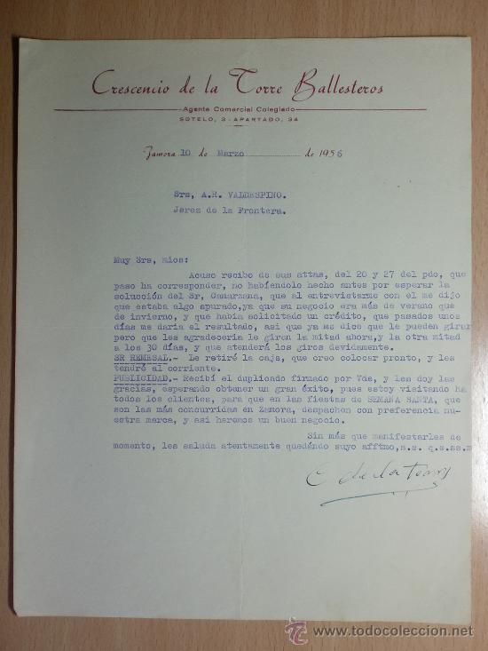Cartas comerciais: CARTA COMERCIAL. ZAMORA 1956. CRESCENCIO DE LA TORRE BALLESTEROS. AGENTE COMERCIAL.