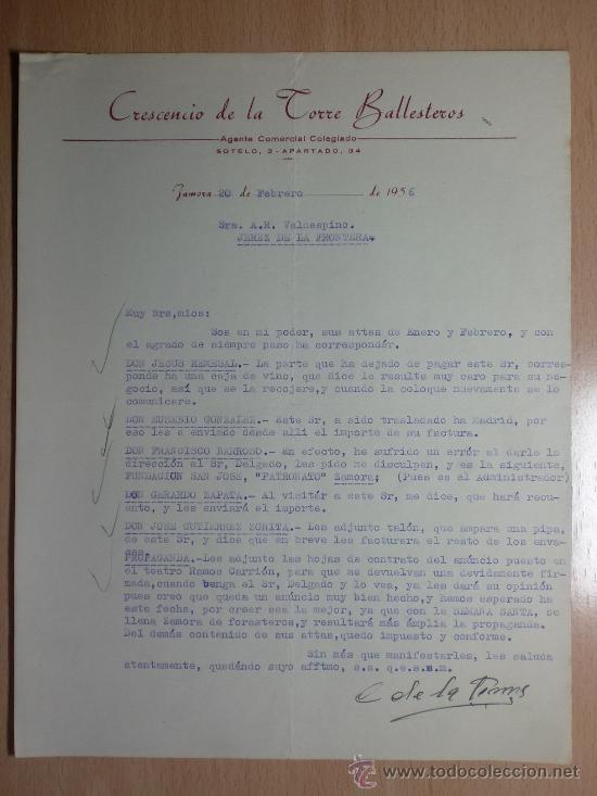 Cartas comerciais: CARTA COMERCIAL. ZAMORA 1956. CRESCENCIO DE LA TORRE BALLESTEROS. AGENTE COMERCIAL.