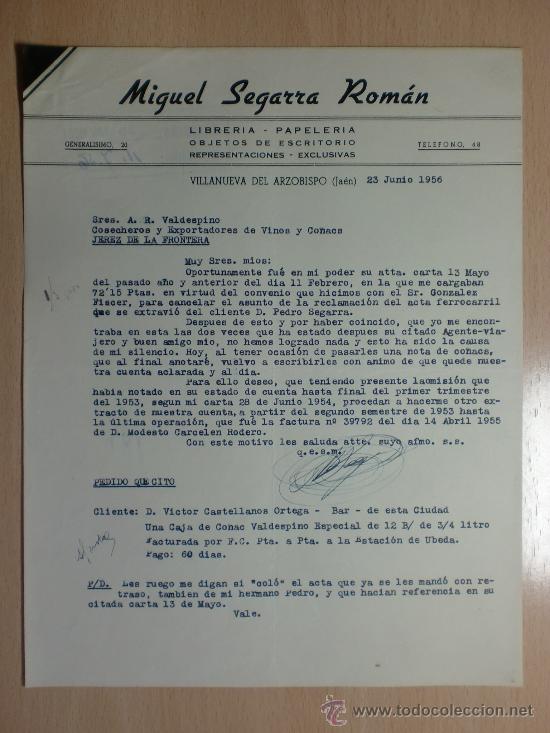 Cartas comerciais: CARTA COMERCIAL. VILLANUEVA DEL ARZOBISPO, JAEN 1956. MIGUEL SEGARRA ROMAN. LIBRERIA.