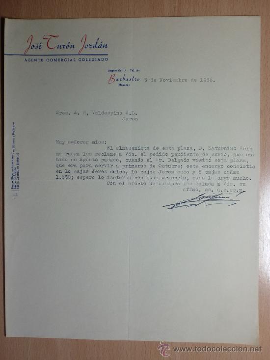 Cartas comerciais: CARTA COMERCIAL. BARBASTRO, HUESCA 1956. JOSE TURON JORDAN. AGENTE COMERCIAL COLEGIADO.