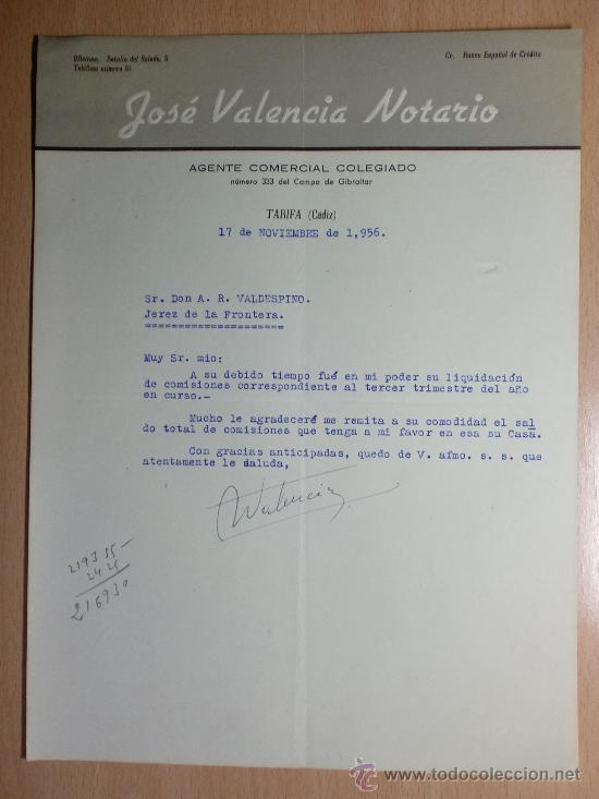 Cartas comerciais: CARTA COMERCIAL. TARIFA CADIZ 1956. JOSE VALENCIA NOTARIO. AGENTE COMERCIAL COLEGIADO.