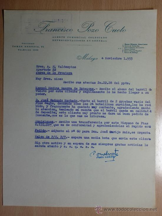 Cartas comerciais: CARTA COMERCIAL. MALAGA 1953. FRANCISCO POZO CUETO. AGENTE COMERCIAL COLEGIADO.