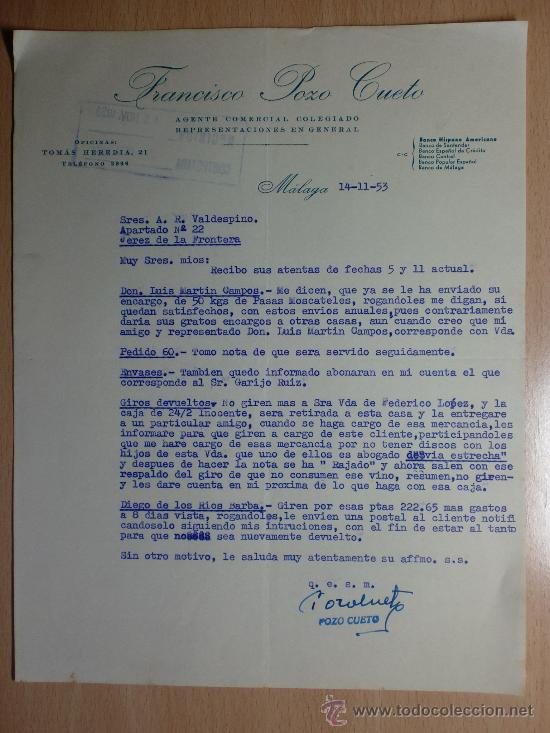 Cartas comerciais: CARTA COMERCIAL. MALAGA 1953. FRANCISCO POZO CUETO. AGENTE COMERCIAL COLEGIADO.