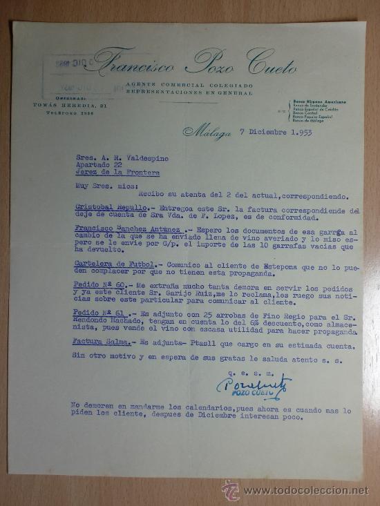Cartas comerciais: CARTA COMERCIAL. MALAGA 1953. FRANCISCO POZO CUETO. AGENTE COMERCIAL COLEGIADO.