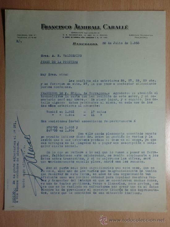 Cartas comerciais: CARTA COMERCIAL. BARCELONA 1955. FRANCISCO ALMIRALL CABALLE. A VALDESPINO.
