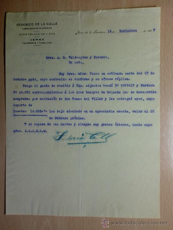 Cartas comerciais: CARTA COMERCIAL. JEREZ DE LA FRONTERA 1927. FEDERICO DE LA CALLE, FABRICANTE DE ALCOHOLES.