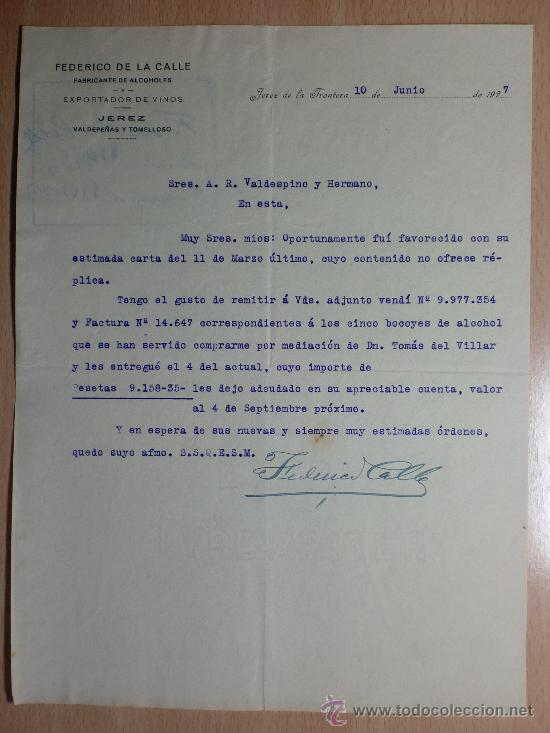 Cartas comerciais: CARTA COMERCIAL. JEREZ DE LA FRONTERA 1927. FEDERICO DE LA CALLE, FABRICANTE DE ALCOHOLES.