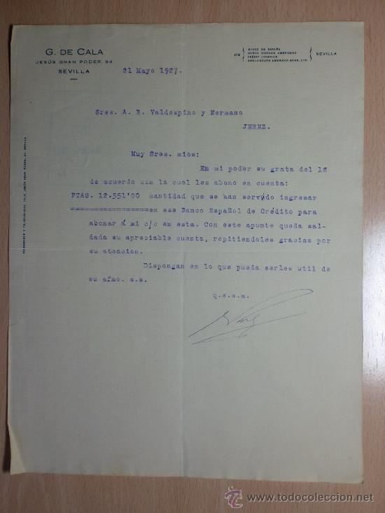 Cartas comerciais: CARTA COMERCIAL. SEVILLA 21 DE MAYO 1927. G. DE CALA. A VALDESPINO Y HERMANO.